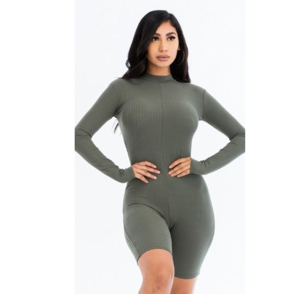 Women’s Olive(Grey)  Long Sleeve Ribbed Knit Romper - Picture 1 of 4